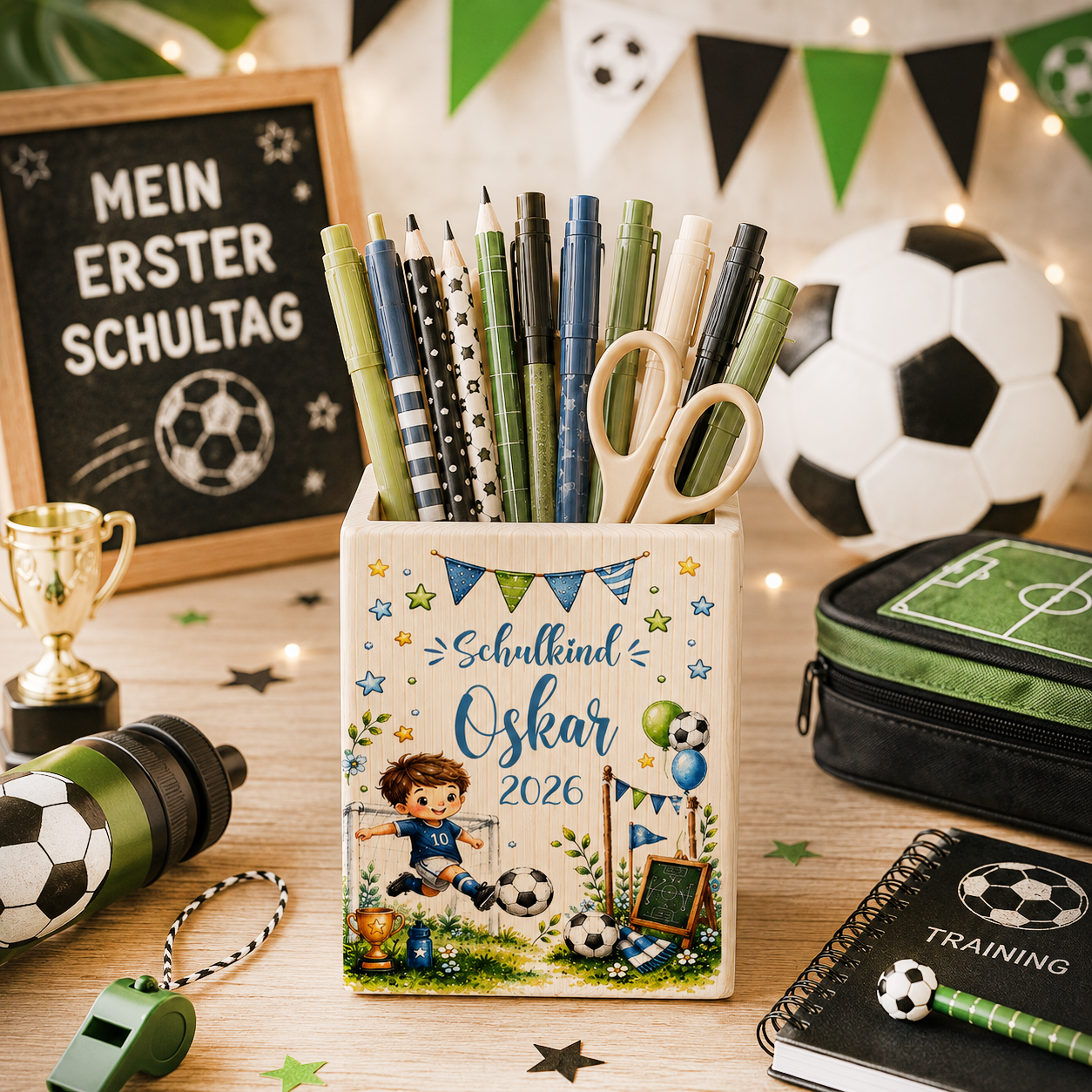 Personalisierter Fußball-Stiftehalter aus Holz mit Fußballspieler, Tor, Wunschname, Schulkind und aktueller Jahreszahl zur Einschulung. Holz Stiftehalter 8 × 10 cm.