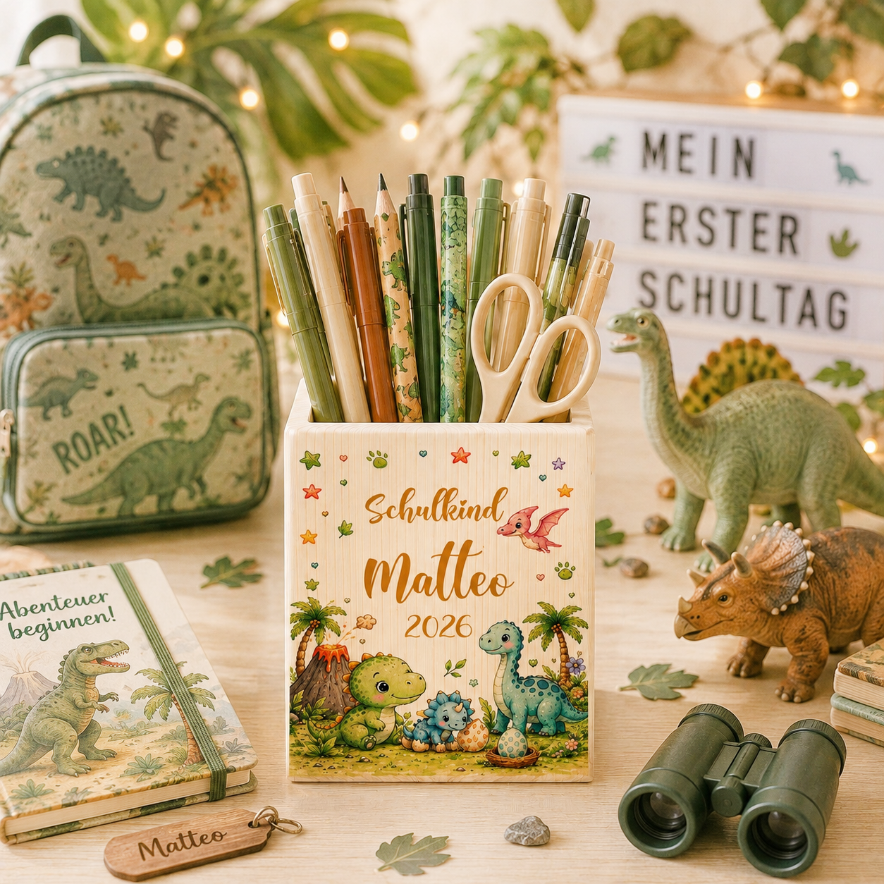 Personalisierter Dino-Stiftehalter aus Holz zur Einschulung mit Dinosauriern, Wunschname, Schulkind und aktueller Jahreszahl. Holz Stiftehalter 8 × 10 cm.