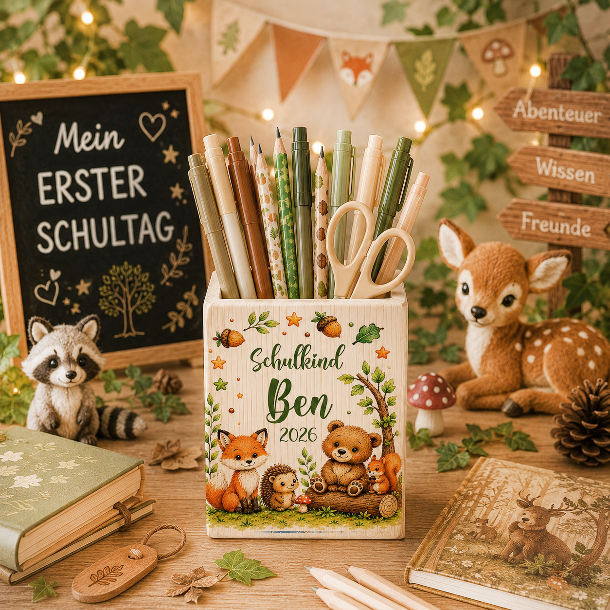 Personalisierter Waldtiere-Stiftehalter aus Holz mit Fuchs, Bär, Igel, Eichhörnchen, Wunschname, Schulkind und aktueller Jahreszahl zur Einschulung. Holz Stiftehalter 8 × 10 cm.