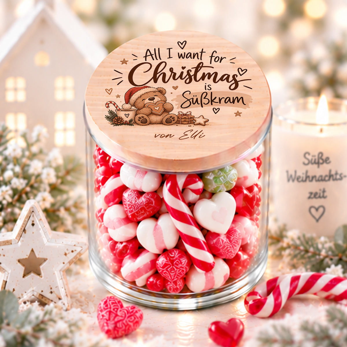 Personalisiertes Süßigkeitenglas zu Weihnachten mit Holzdeckel und Spruch All I want for Christmas is Süßkram