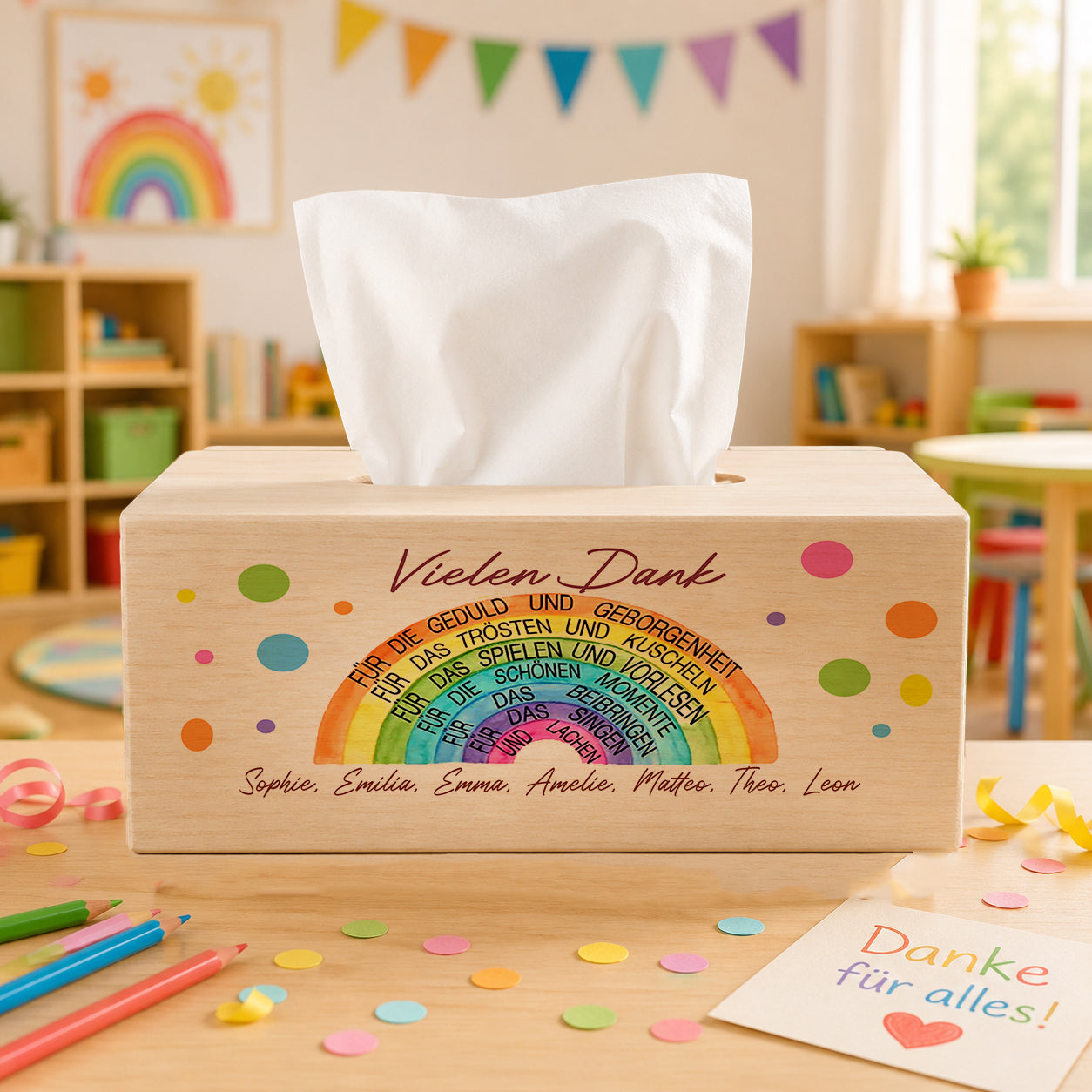 Personalisierte Taschentücherbox aus Holz mit Regenbogen-Motiv und Kindernamen als Abschiedsgeschenk für Erzieherin im Kindergarten
