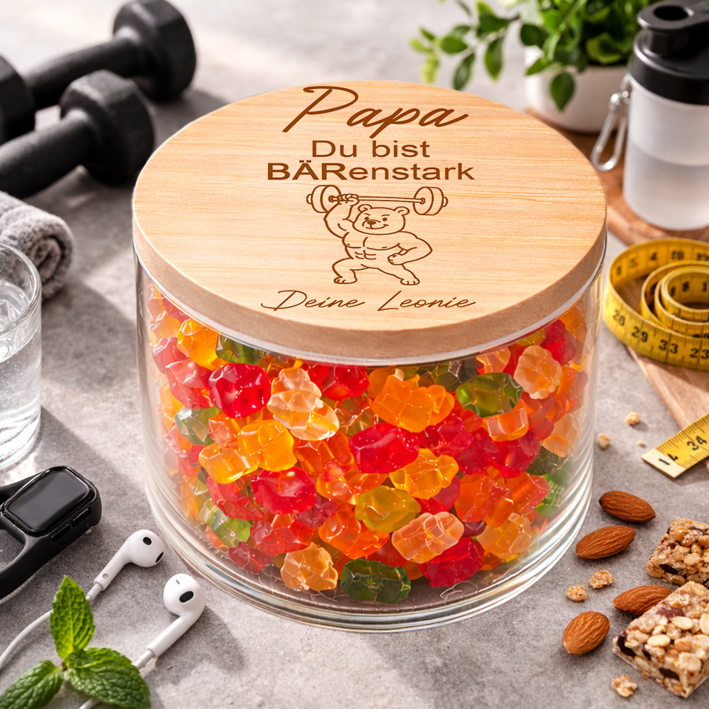 Papa Geschenk personalisiert Papa du bist BÄRenstark Vatertagsgeschenk Papa Fitness Vorratsglas Gummibärchen Glas Geschenk für Papa Sport