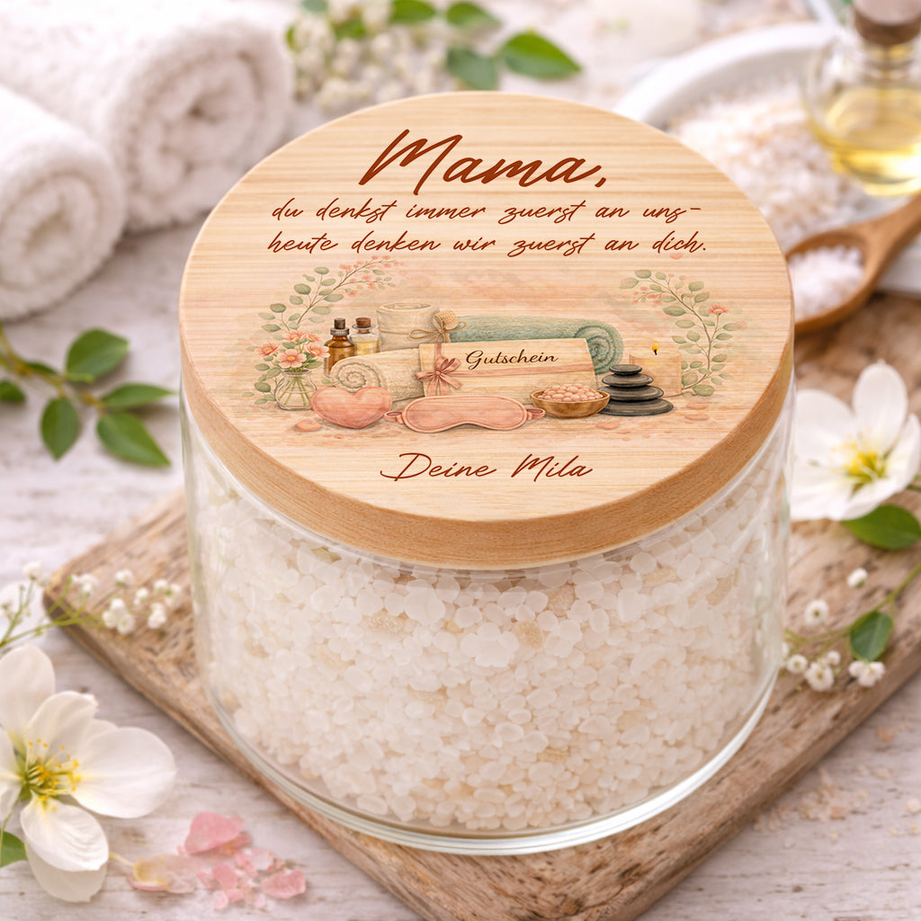 Verwöhn Geschenk für Mama personalisiert Vorratsglas Muttertag Heute denken wir an dich Wellness Glas mit Name Geschenkidee Badesalz