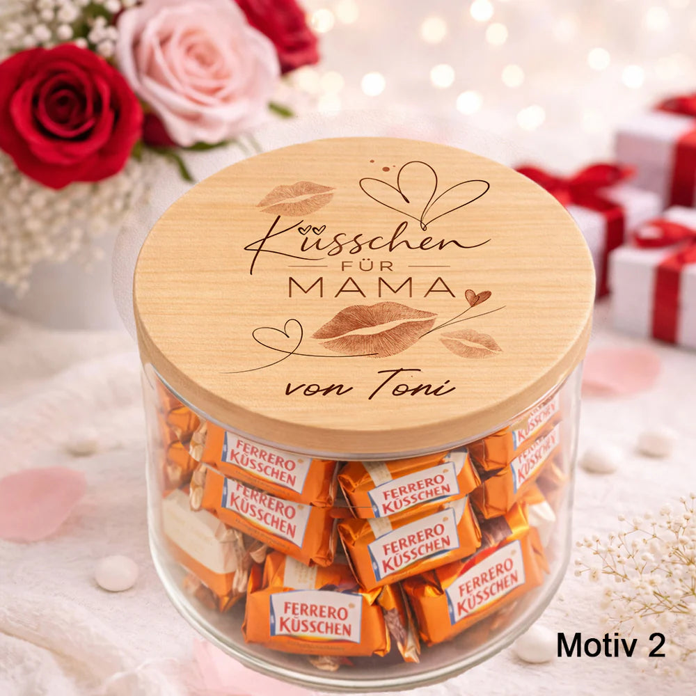 Personalisiertes Vorratsglas für Mama mit Herzmotiv „Küsschen für Mama“ und Name