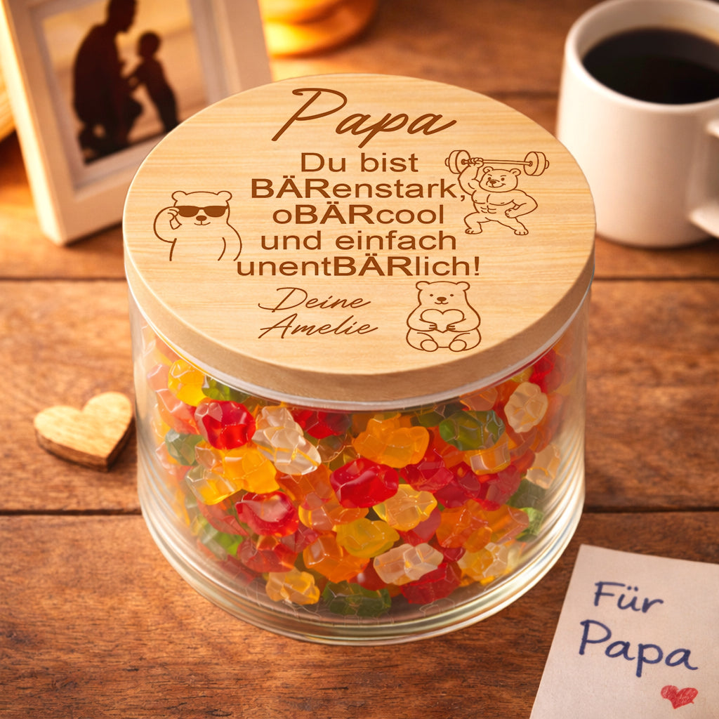 Personalisiertes Vorratsglas Papa mit Spruch „bärenstark, oBÄRcool und unentBÄRlich“ – Geschenk für Vatertag oder Geburtstag