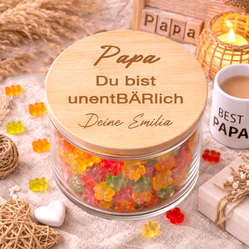 Personalisiertes Vorratsglas Papa mit Spruch „Du bist unentBÄRlich“ und Name – Geschenk für Vatertag oder Geburtstag