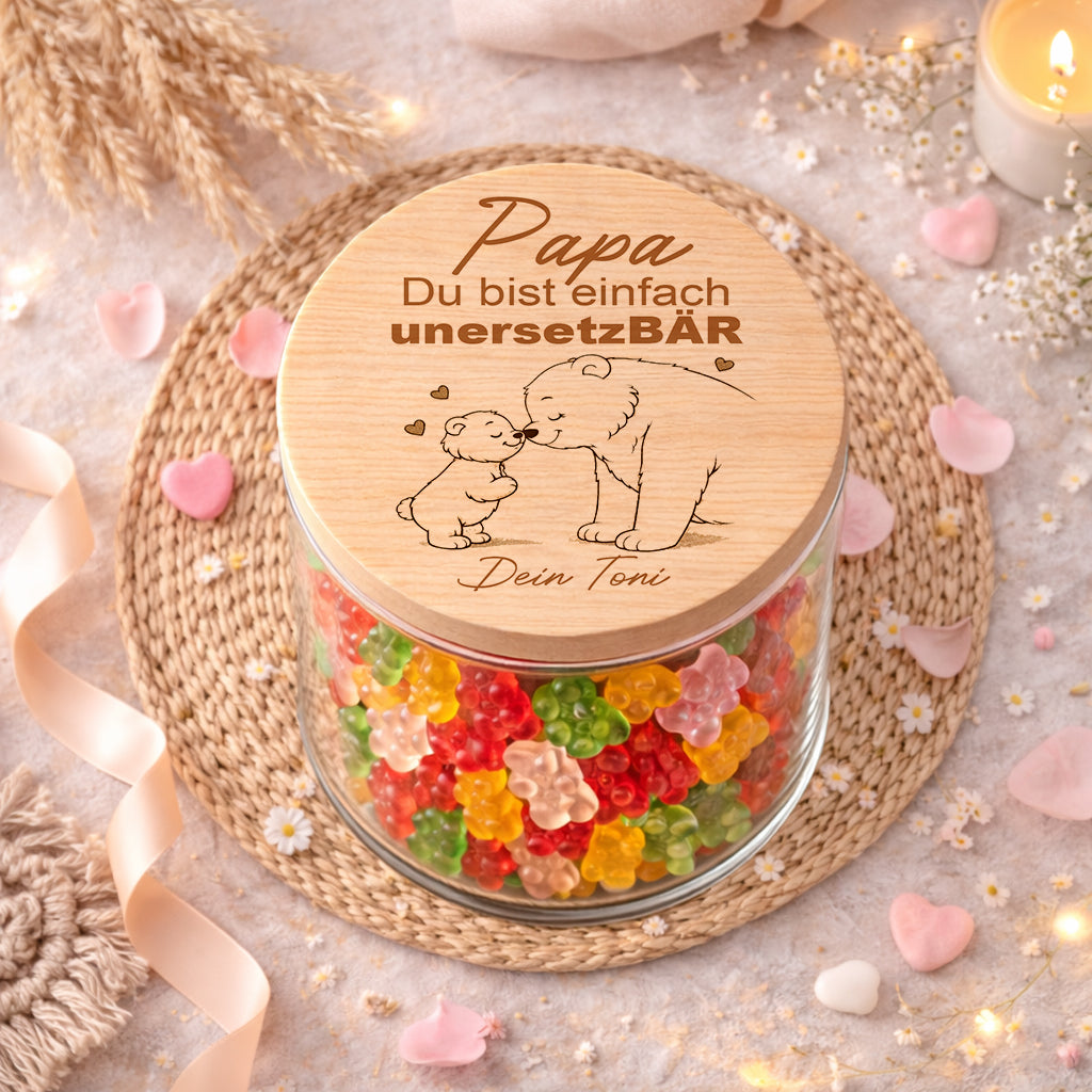 Personalisiertes Vorratsglas Papa mit Spruch „Du bist unersetzBÄR“ und Name – Geschenk für Vatertag oder Geburtstag