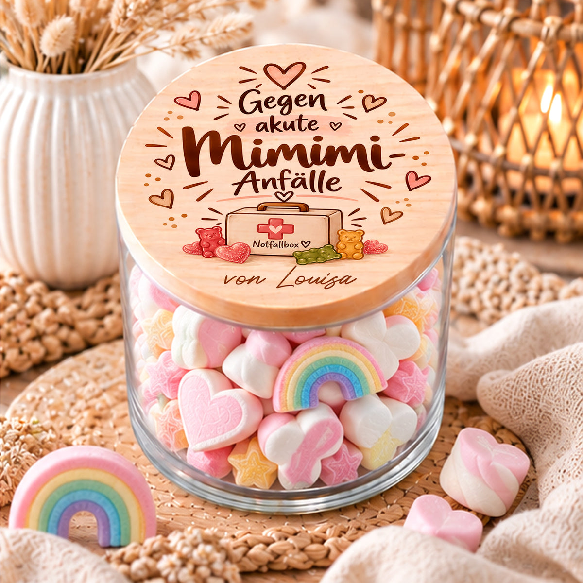 Personalisiertes Vorratsglas Gegen akute Mimimi-Anfälle mit Notfallbox-Motiv und Namen als lustiges Geschenk für Kollegen
