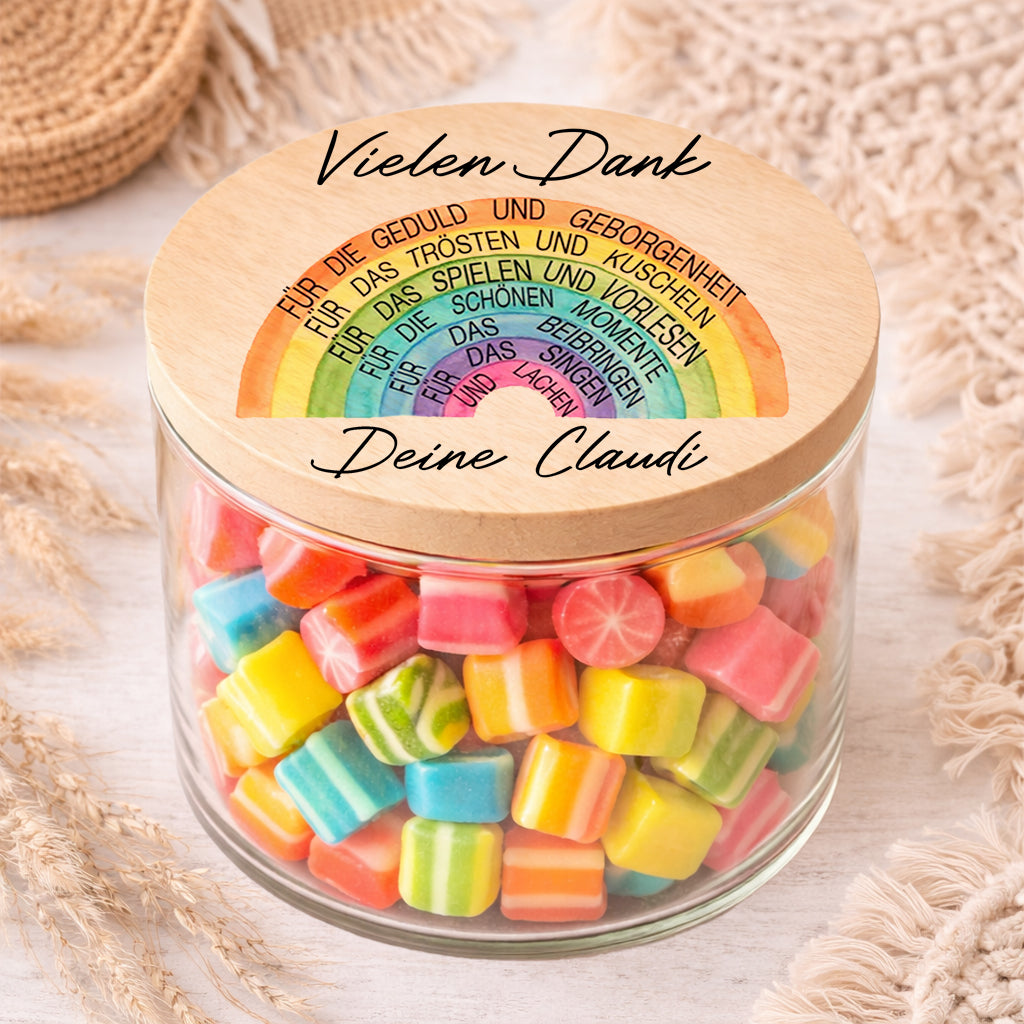 Personalisiertes Vorratsglas mit Regenbogen als Kita Abschied Geschenk für Erzieherin