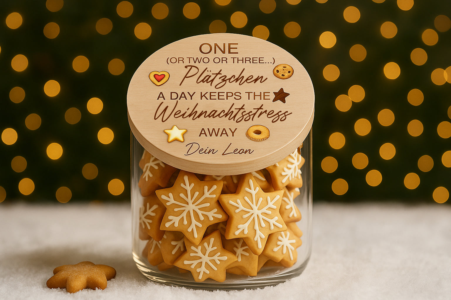 Glas mit Holzdeckel graviert – Weihnachtsplätzchen stilvoll verpackt