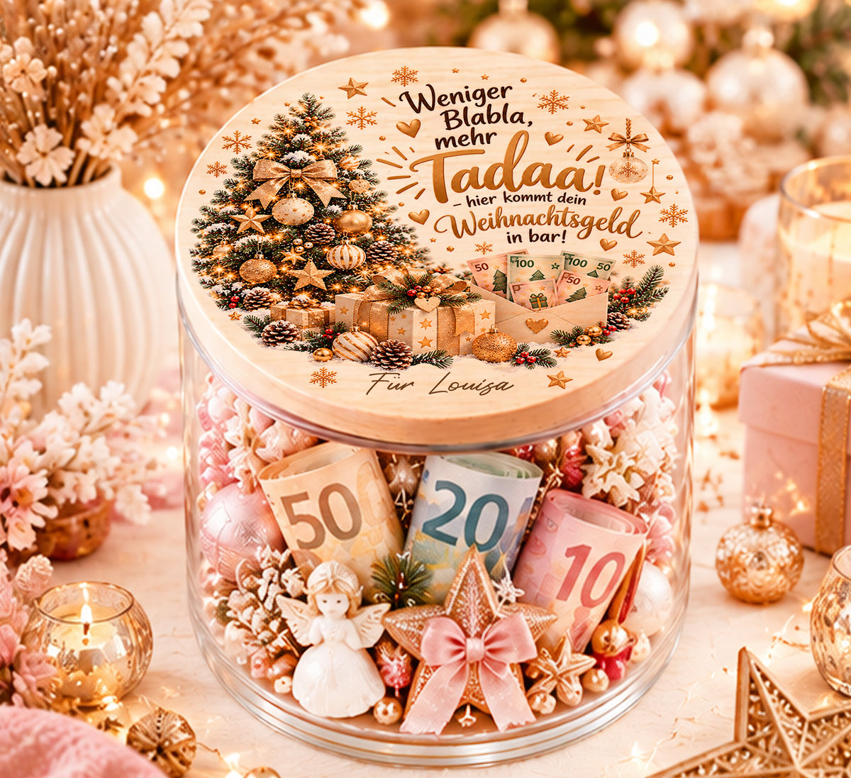 Personalisiertes Geldgeschenk zu Weihnachten im Glas mit Spruch Weniger Blabla mehr Tadaa