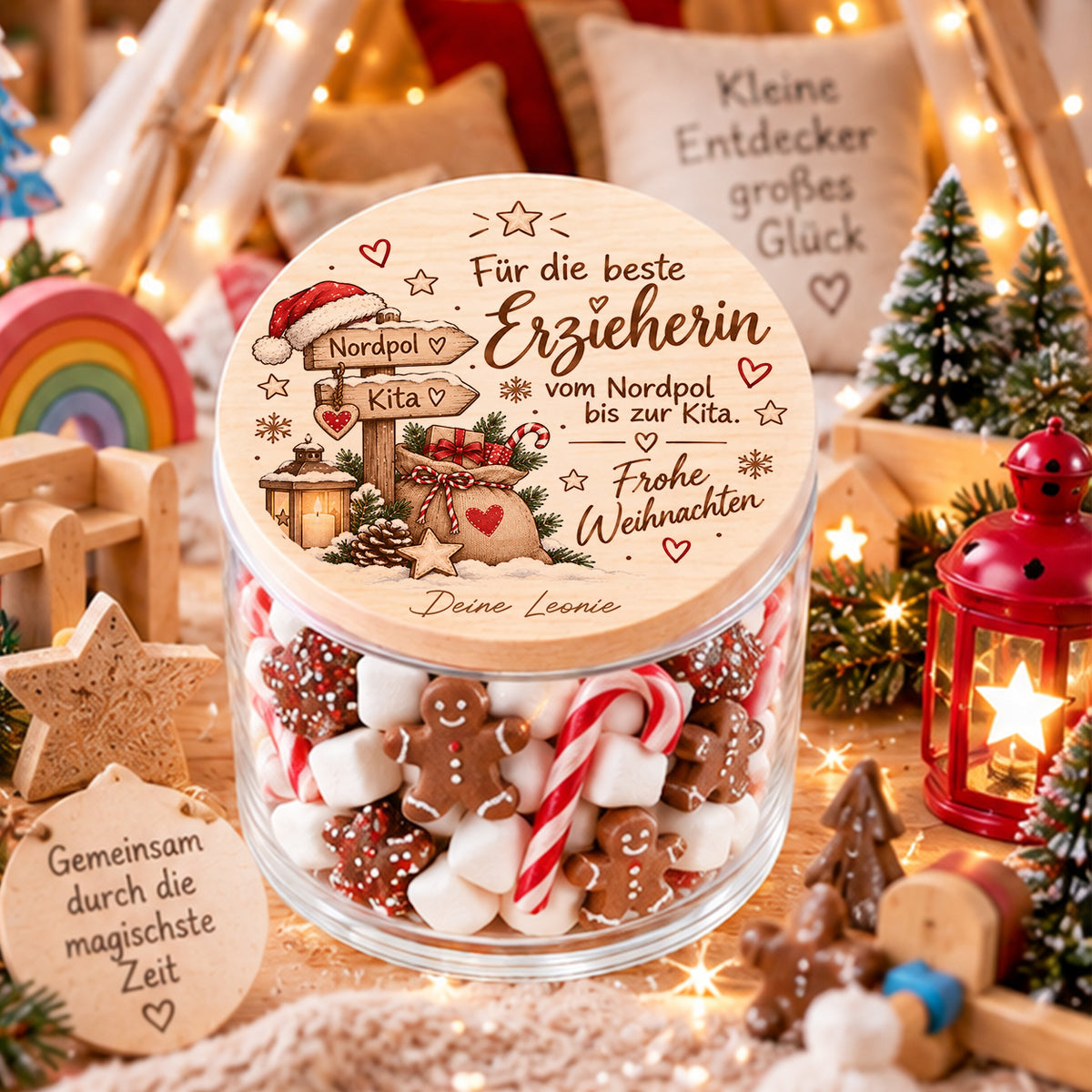 Personalisiertes Weihnachtsgeschenk für die beste Erzieherin – Vorratsglas mit Name und Kita-Motiv