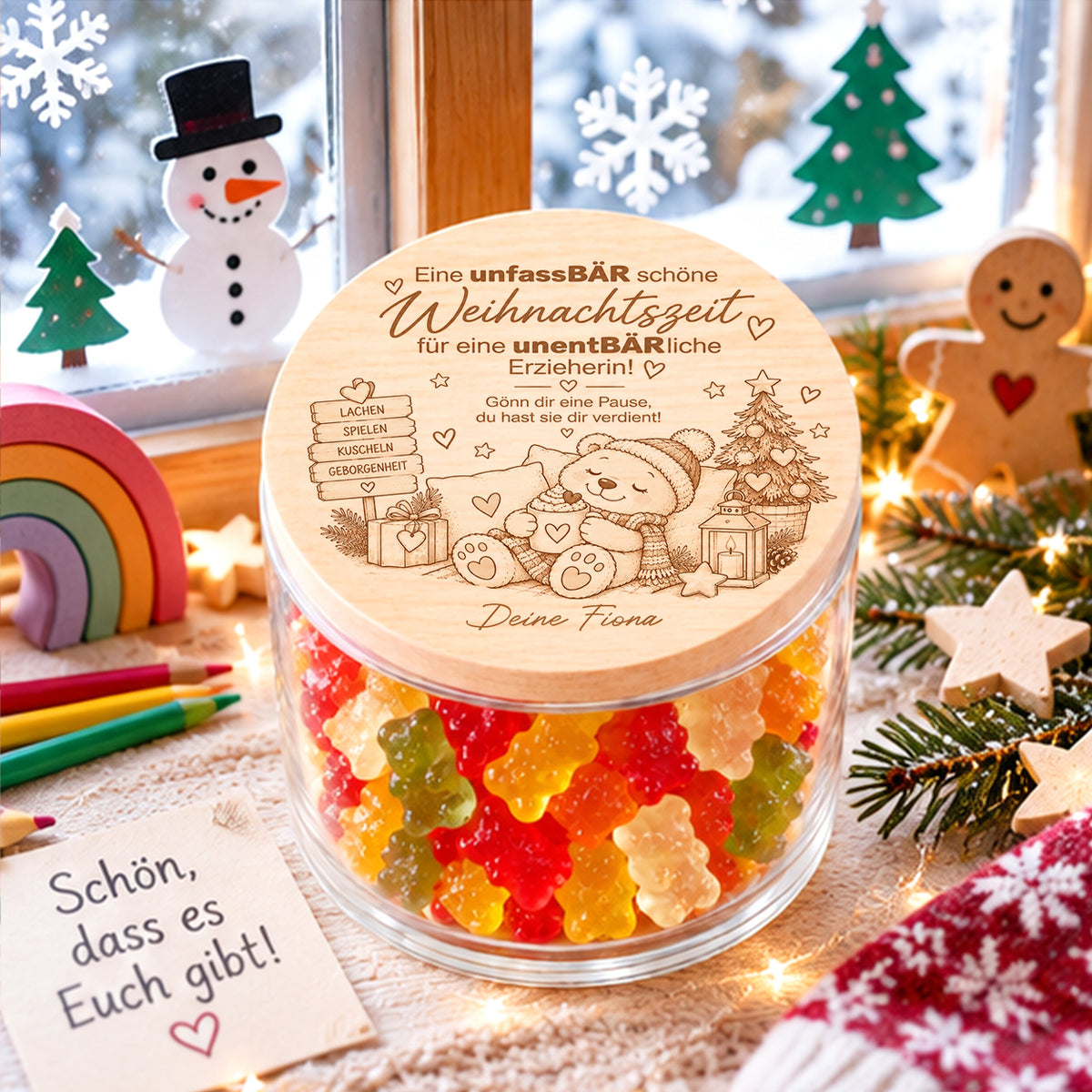 Personalisiertes Weihnachtsgeschenk für Erzieherin – Vorratsglas unentBÄRliche Erzieherin mit Namen