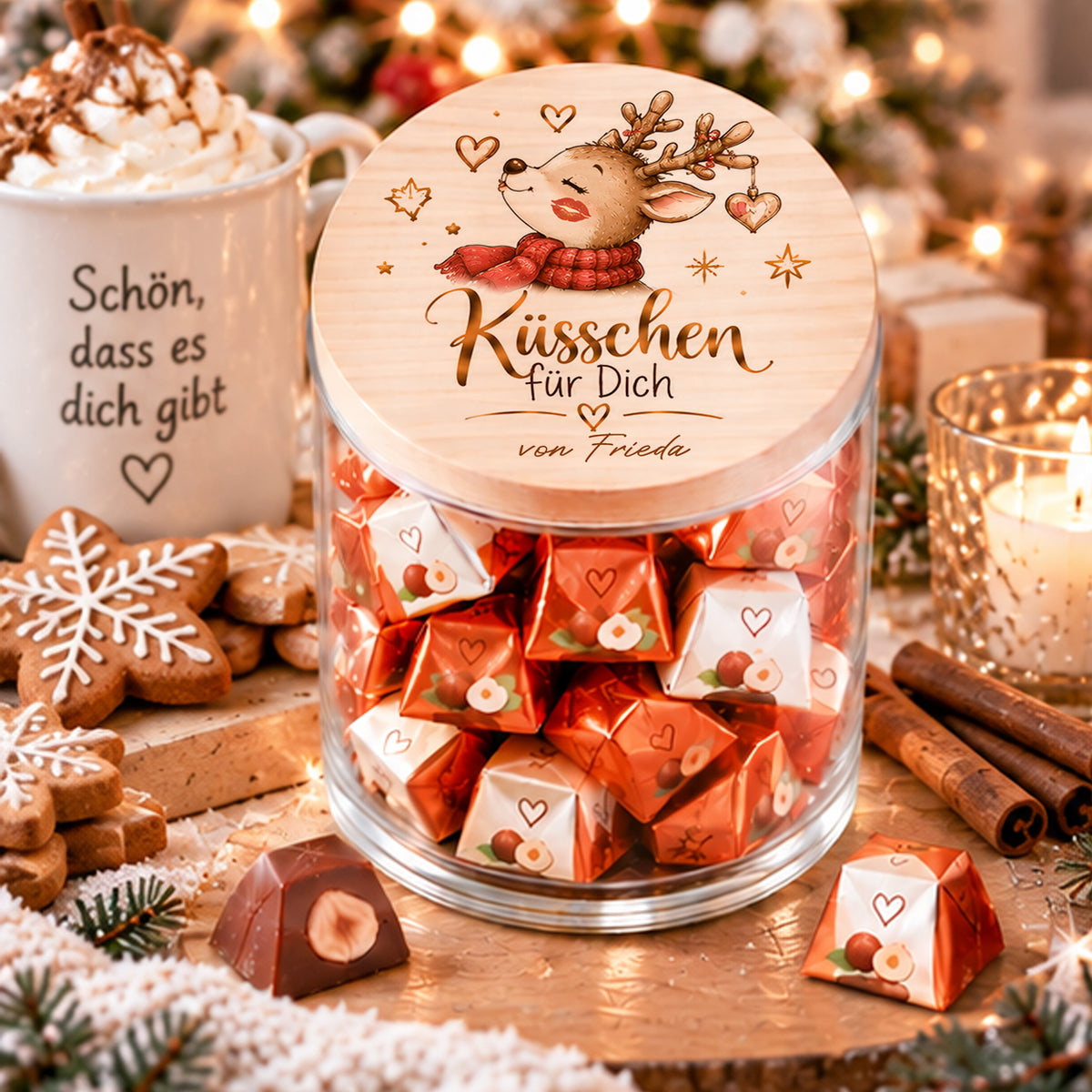 Personalisiertes Weihnachtsgeschenk mit Namen – Küsschen für Dich Vorratsglas mit Rentier