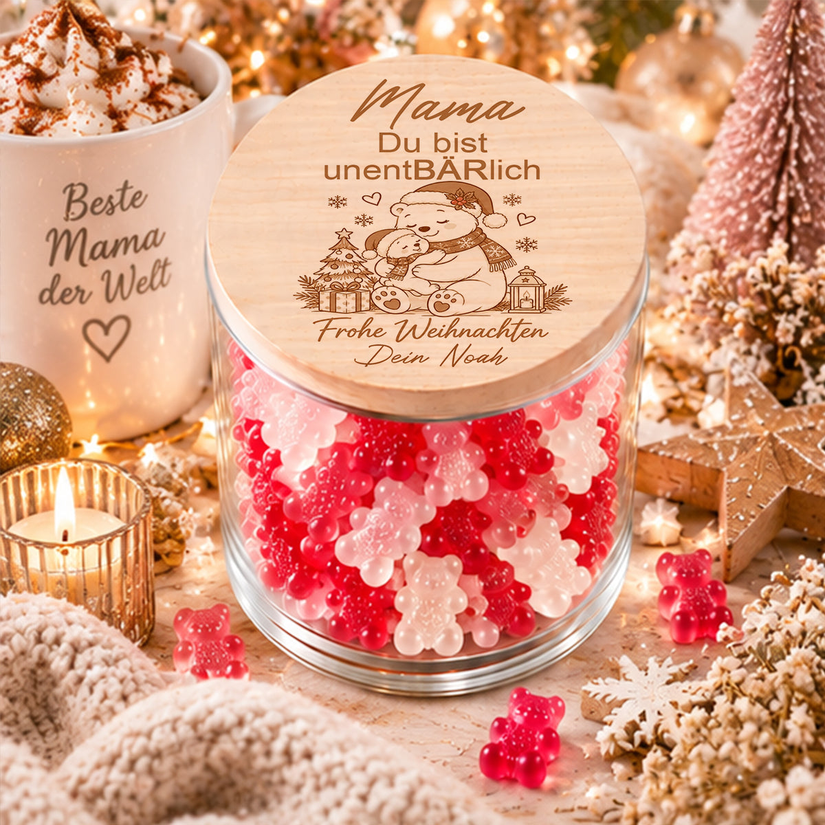 Personalisiertes Weihnachtsgeschenk für Mama von einem Kind mit Mama-Bär und einem Bärenkind