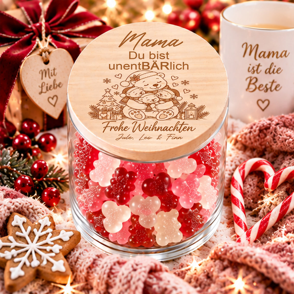Personalisiertes Weihnachtsgeschenk für Mama von drei Kindern mit Mama-Bär und drei Bärenkindern