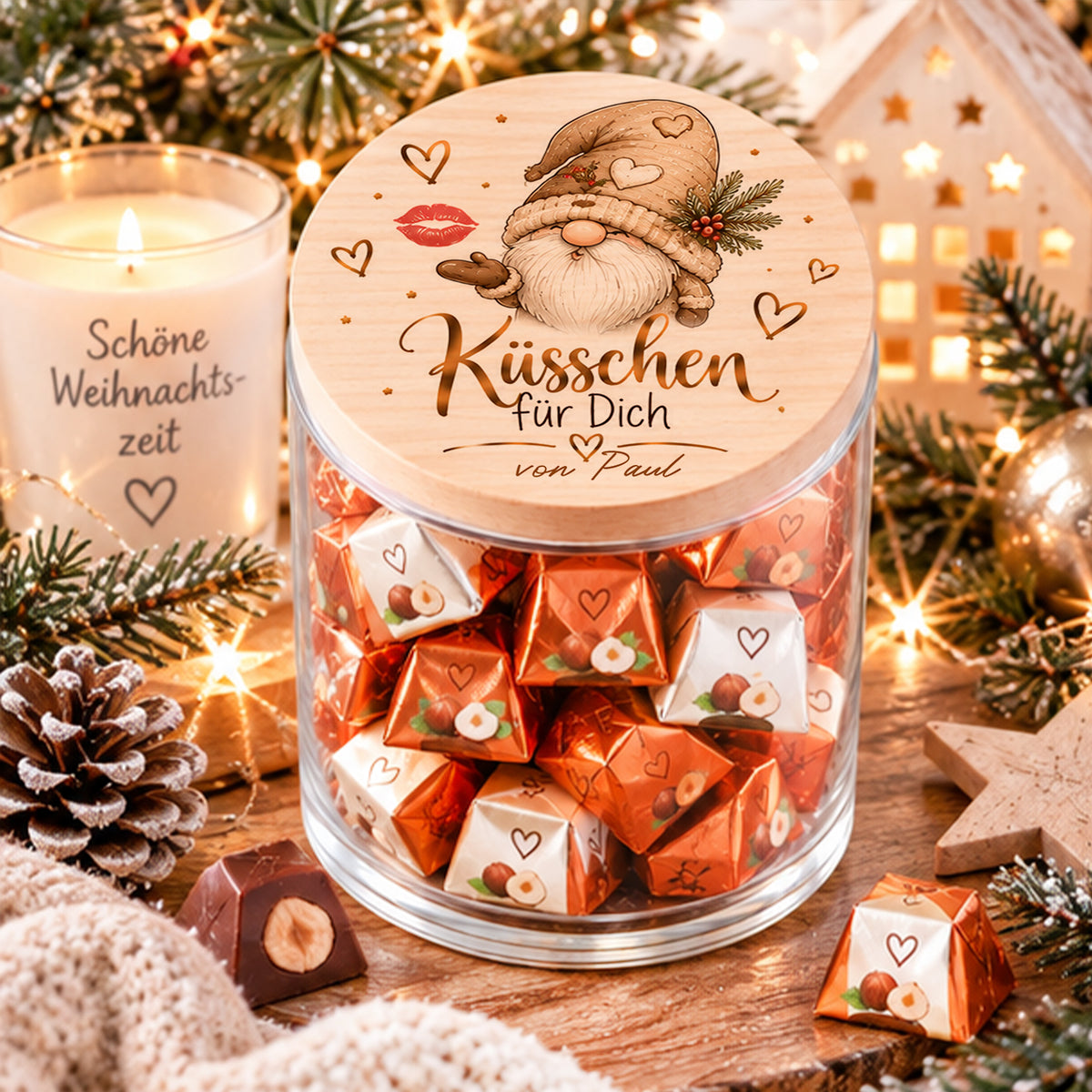 Personalisiertes Weihnachtsgeschenk mit Namen – Küsschen für Dich Vorratsglas mit Weihnachtswichtel