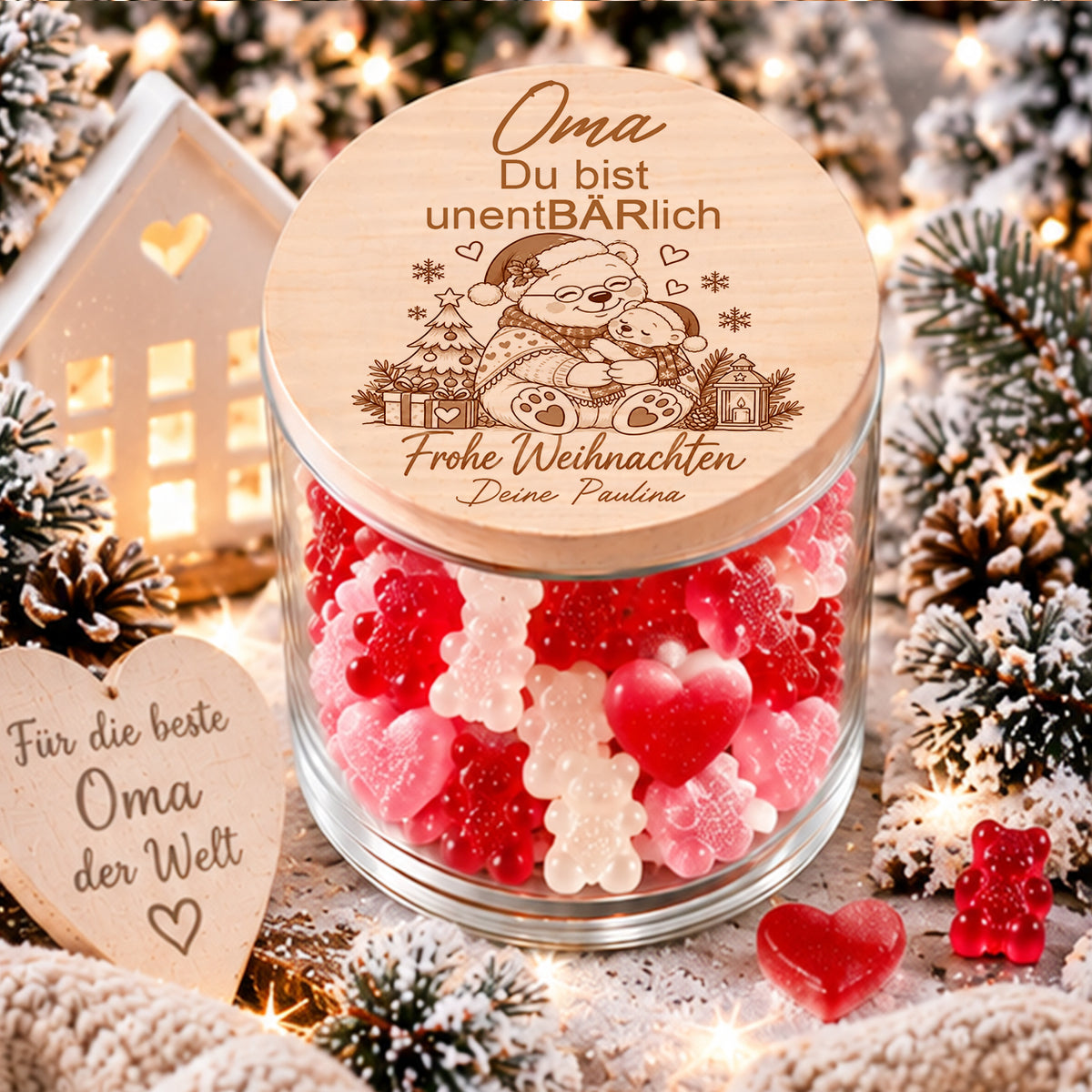 Personalisiertes Weihnachtsgeschenk für Oma vom Enkelkind mit Oma-Bär und einem Bärenkind
