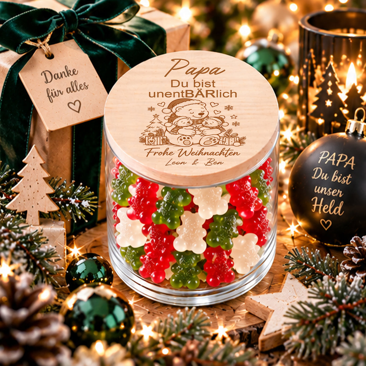 Personalisiertes Weihnachtsgeschenk für Papa von zwei Kindern mit Papa-Bär und zwei Bärenkindern