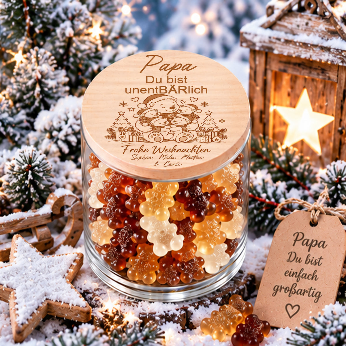 Personalisiertes Weihnachtsgeschenk für Papa von vier Kindern mit Papa-Bär und vier Bärenkindern