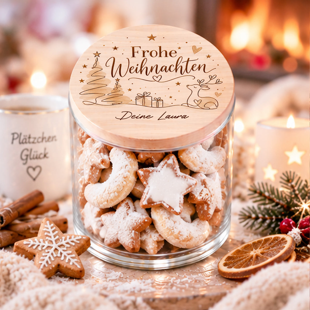 Personalisiertes Weihnachtsgeschenk mit Namen – Vorratsglas Frohe Weihnachten mit Holzdeckel und Plätzchen