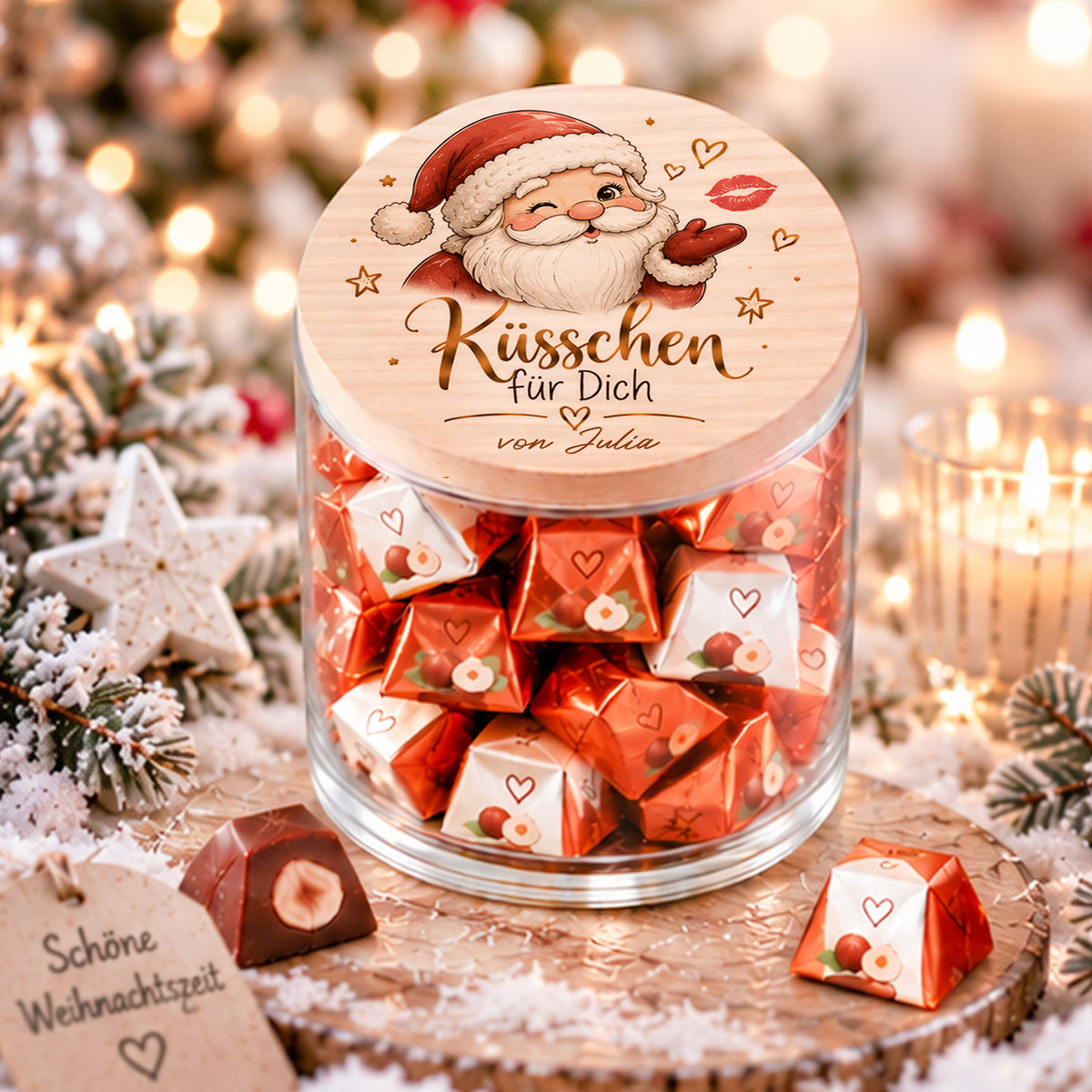 Süßes personalisiertes Weihnachtsgeschenk – Küsschen für Dich Vorratsglas mit Weihnachtsmann und Wunschname