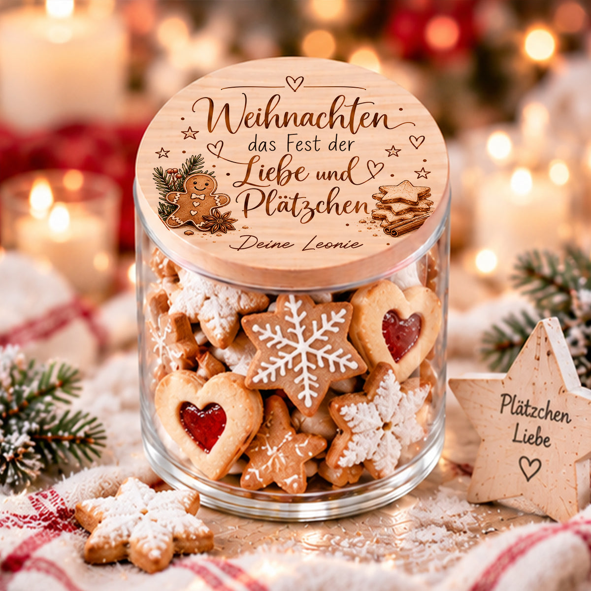 Personalisiertes Plätzchenglas mit Namen und Holzdeckel als Weihnachtsgeschenk