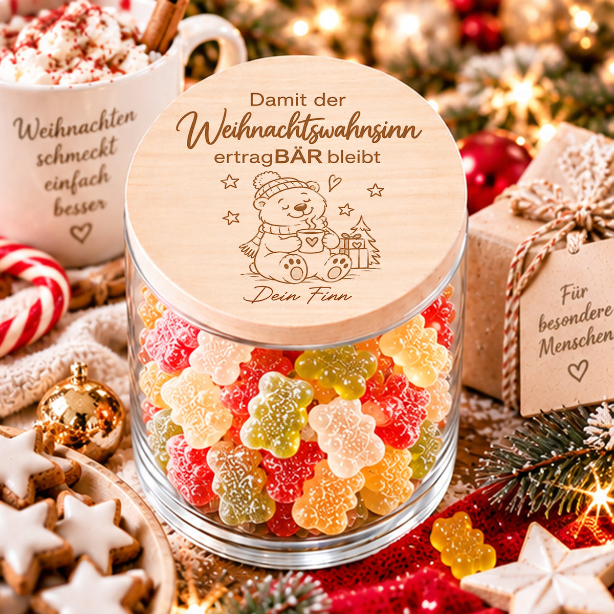 Personalisiertes Weihnachtsgeschenk mit Bärenmotiv und Weihnachtswahnsinn Spruch