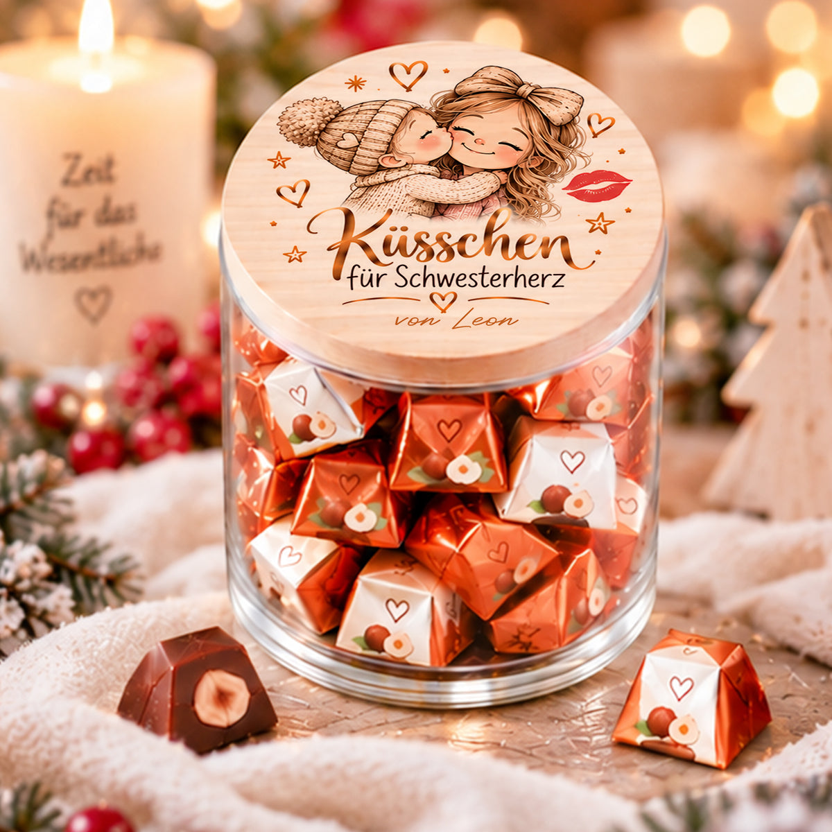 Personalisiertes Weihnachtsgeschenk für Schwester – Küsschen für Schwesterherz mit Wunschname
