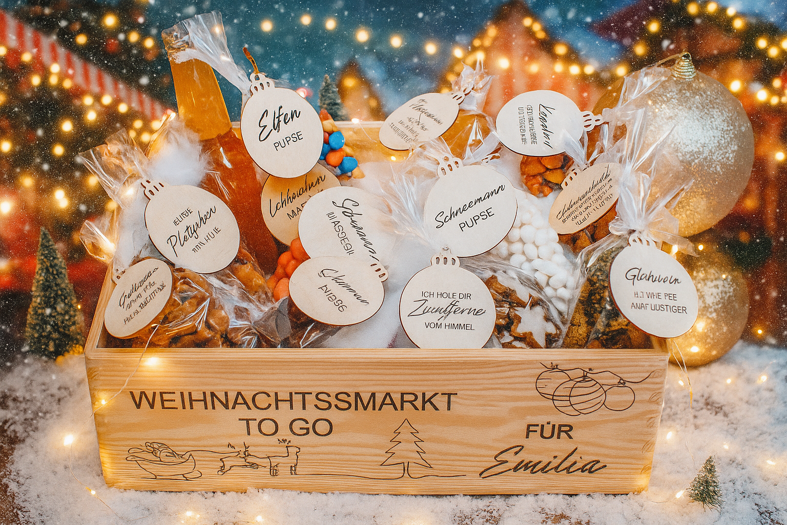 Weihnachtsmarkt To Go – personalisierte Box & Holzanhänger für dein Weihnachtsfest
