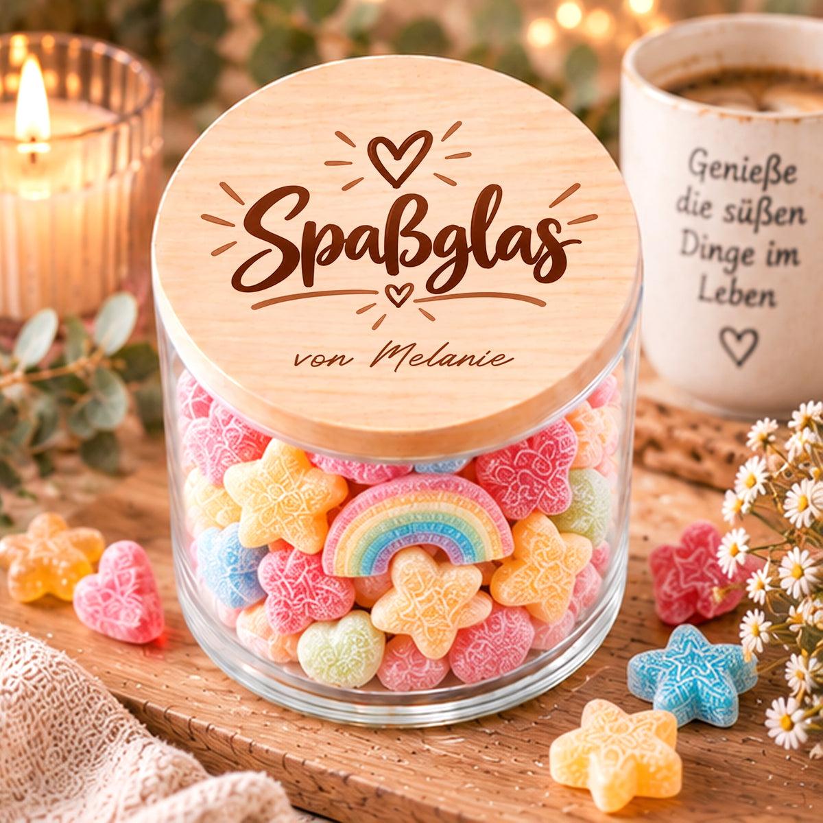 Personalisiertes Spaßglas mit Holzdeckel, Herzmotiven und Widmung von Melanie, gefüllt mit bunten Süßigkeiten