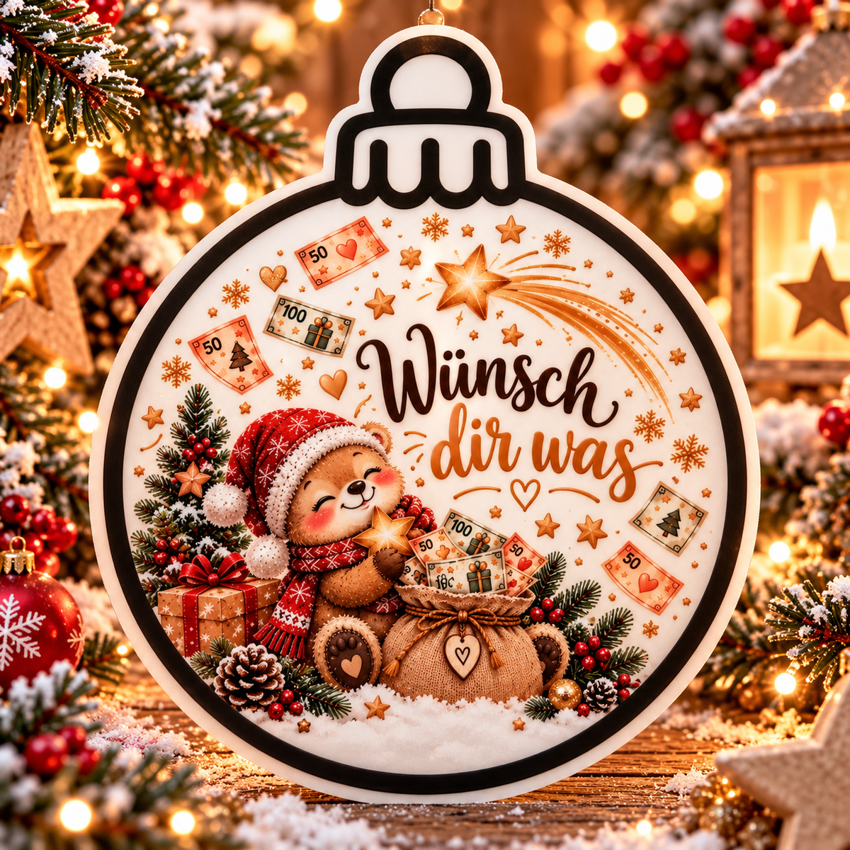 Weihnachts-Schüttelkarte mit niedlichem Bären und Spruch Wünsch dir was