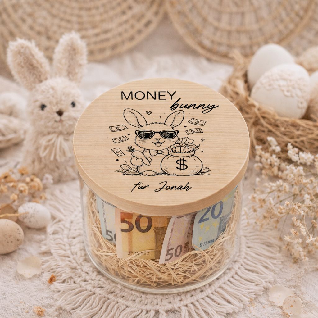Wunscherfüller Geldgeschenk zu Ostern als personalisiertes Vorratsglas mit Holzdeckel und Money Bunny Hasenmotiv