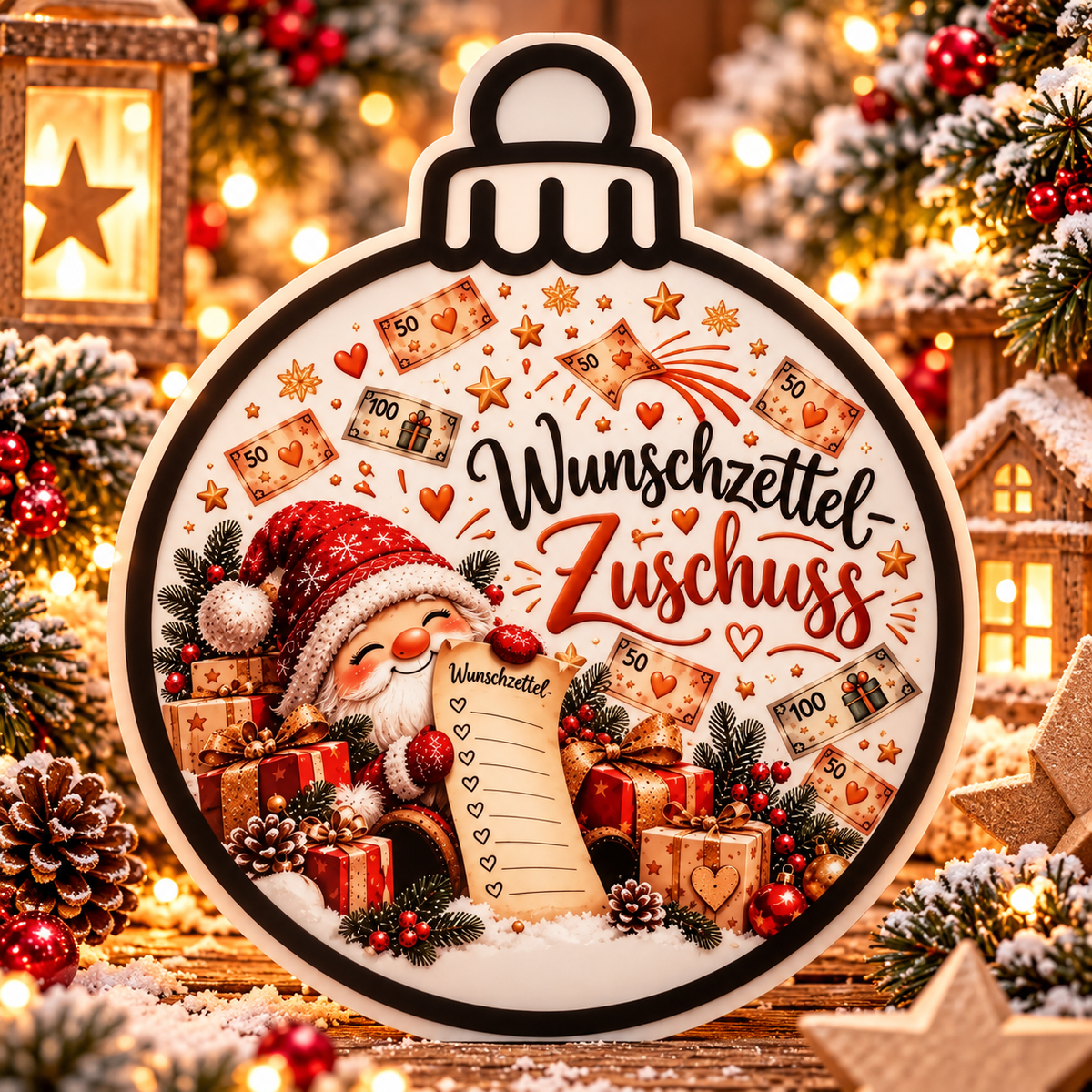 Weihnachtskugel mit Weihnachtsmann und Spruch Wunschzettel-Zuschuss als Geldgeschenk